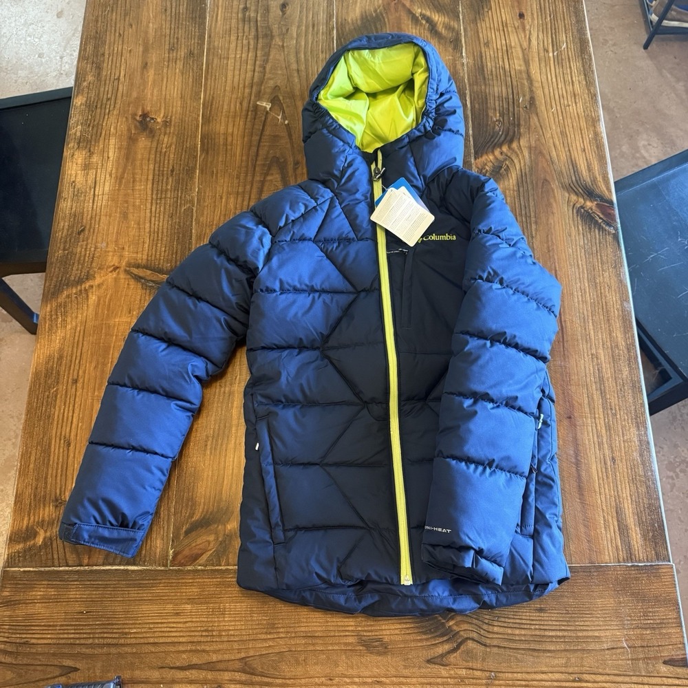 Columbia Omni Heat Boys Blue Hooded Puffer Jacket Insulated Size Youth L NEW